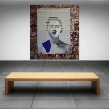 Inside the room. Mixed media on canvas applied on carpet. Tapestry.